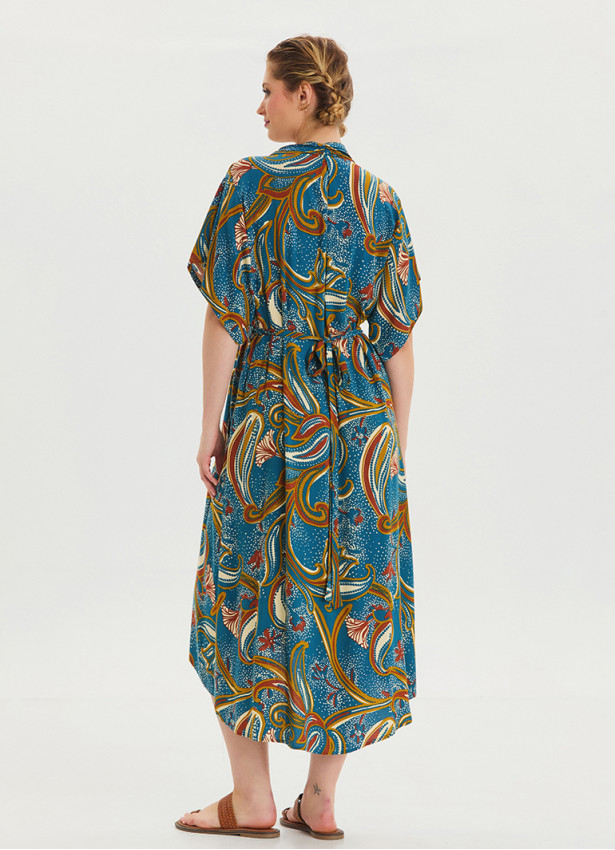 V Neck Gathered Detailed Petrol Floral Dress 4534